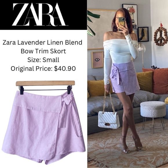 Zara Lavender Linen Blend Bow Trim Skort - Picture 1 of 16